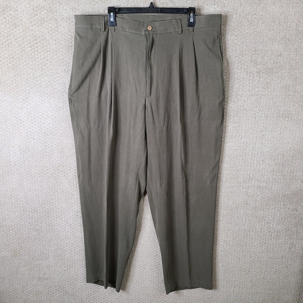 Caribbean Pants Mens 42x32 (40x32) Green Silk Pleated Herringbone Trousers Olive